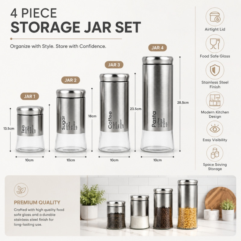 Premium 4-Piece Stainless Steel & Glass Canister Set with Labeled Storage for Tea, Coffee, Sugar, Pasta - Silver