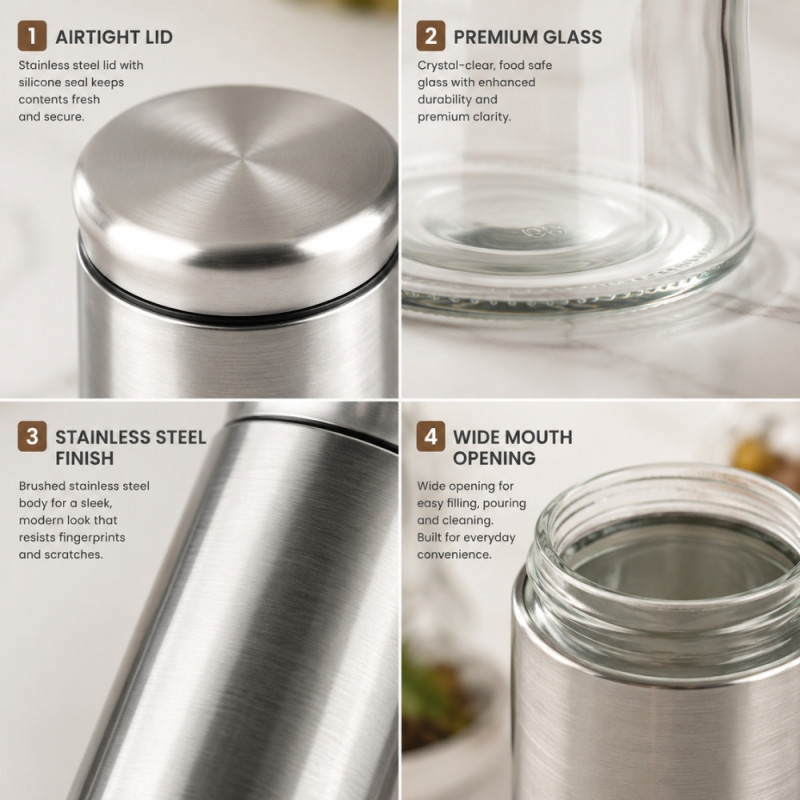 Premium 4-Piece Stainless Steel & Glass Canister Set with Labeled Storage for Tea, Coffee, Sugar, Pasta - Silver