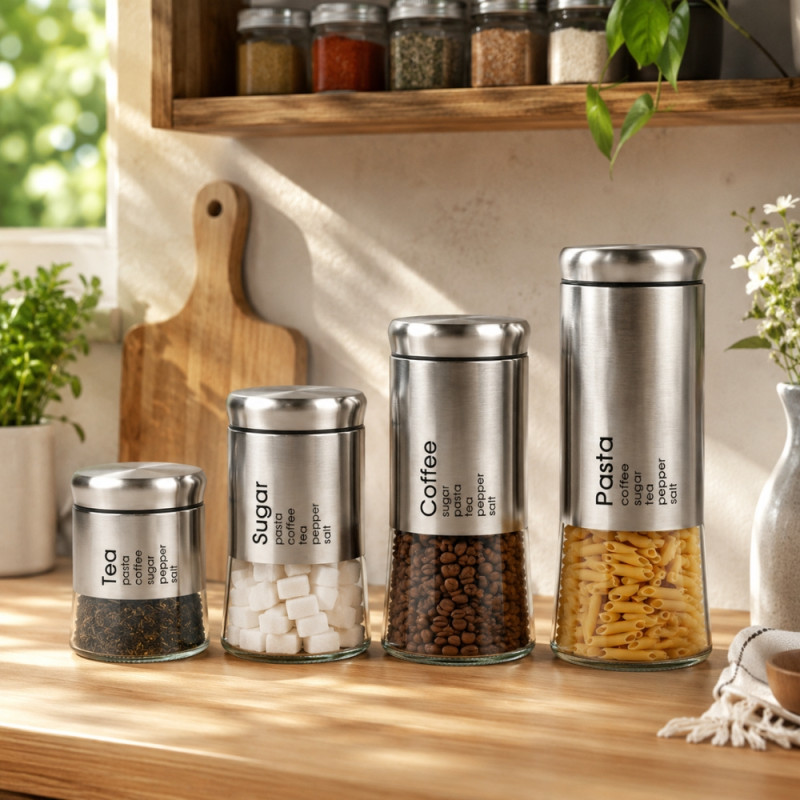 Premium 4-Piece Stainless Steel & Glass Canister Set with Labeled Storage for Tea, Coffee, Sugar, Pasta - Silver