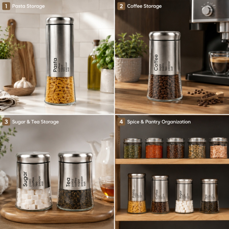 Premium 4-Piece Stainless Steel & Glass Canister Set with Labeled Storage for Tea, Coffee, Sugar, Pasta - Silver