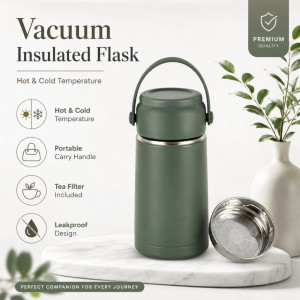 Zen Stainless Steel Vacuum-Insulated Flask with Lid Handle – Forest Green (15 x 7cm)
