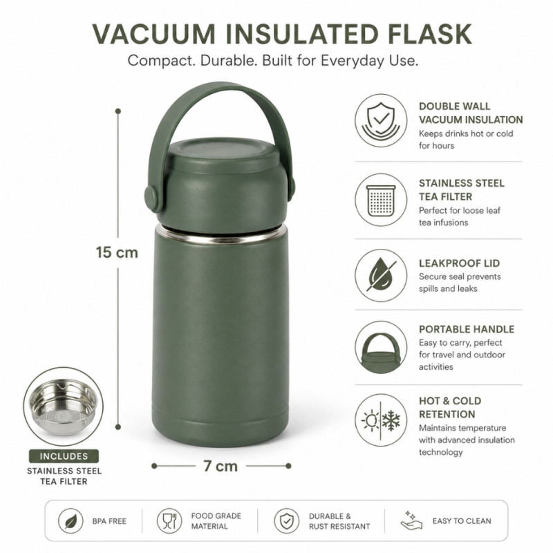 Zen Stainless Steel Vacuum-Insulated Flask with Lid Handle – Forest Green (15 x 7cm)