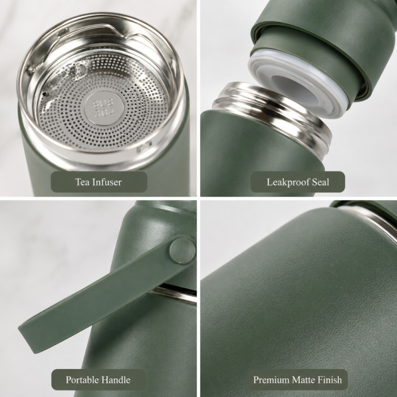 Zen Stainless Steel Vacuum-Insulated Flask with Lid Handle – Forest Green (15 x 7cm)