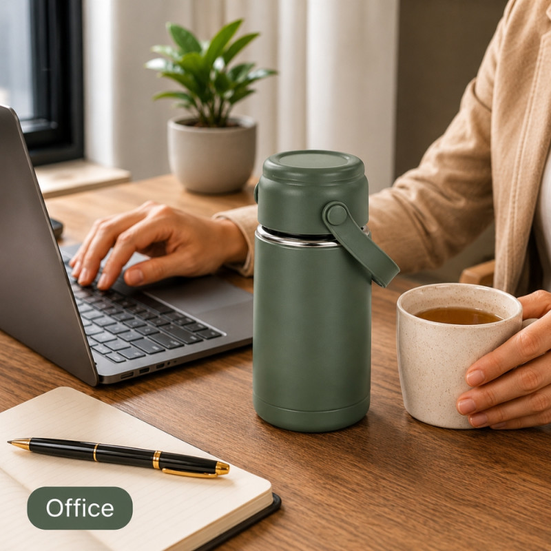 Zen Stainless Steel Vacuum-Insulated Flask with Lid Handle – Forest Green (15 x 7cm)