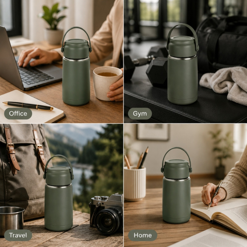 Zen Stainless Steel Vacuum-Insulated Flask with Lid Handle – Forest Green (15 x 7cm)