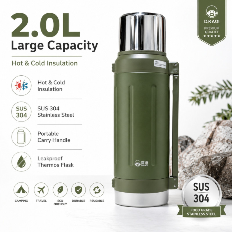 Vitalizing 2.0L Vacuum Insulated Stainless Steel Flask with Carrying Handle – Forest Green (36 x 11cm)
