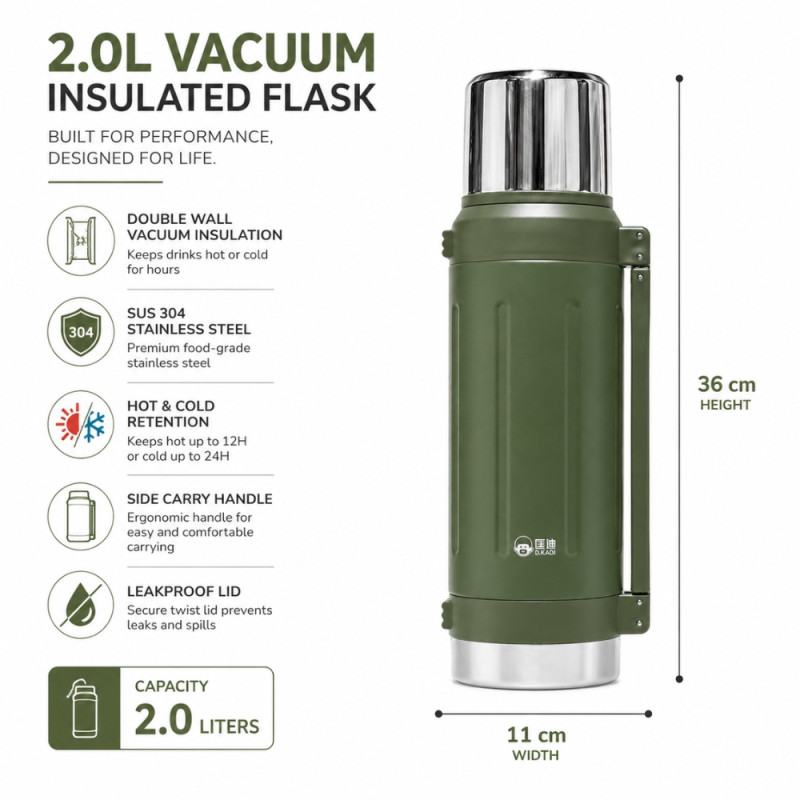 Vitalizing 2.0L Vacuum Insulated Stainless Steel Flask with Carrying Handle – Forest Green (36 x 11cm)