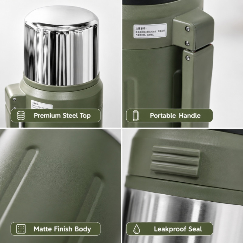Vitalizing 2.0L Vacuum Insulated Stainless Steel Flask with Carrying Handle – Forest Green (36 x 11cm)