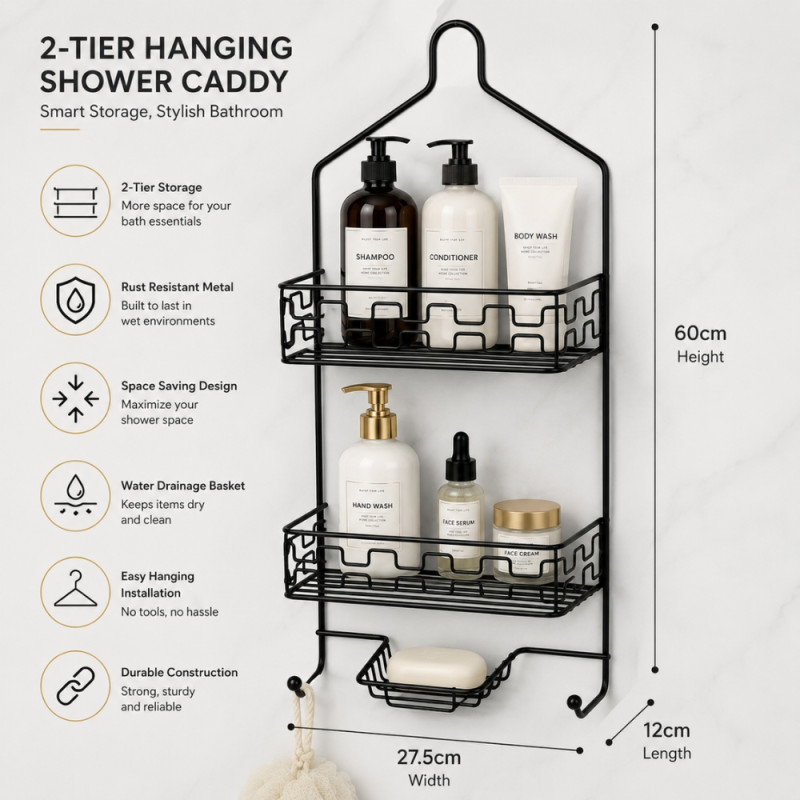 Premium Black Metal Two-Tier Shower Caddy with Integrated Soap Dish & Hooks, 60x27.5x12cm
