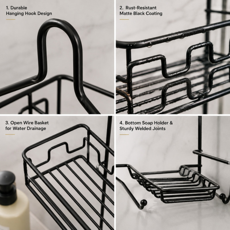 Premium Black Metal Two-Tier Shower Caddy with Integrated Soap Dish & Hooks, 60x27.5x12cm