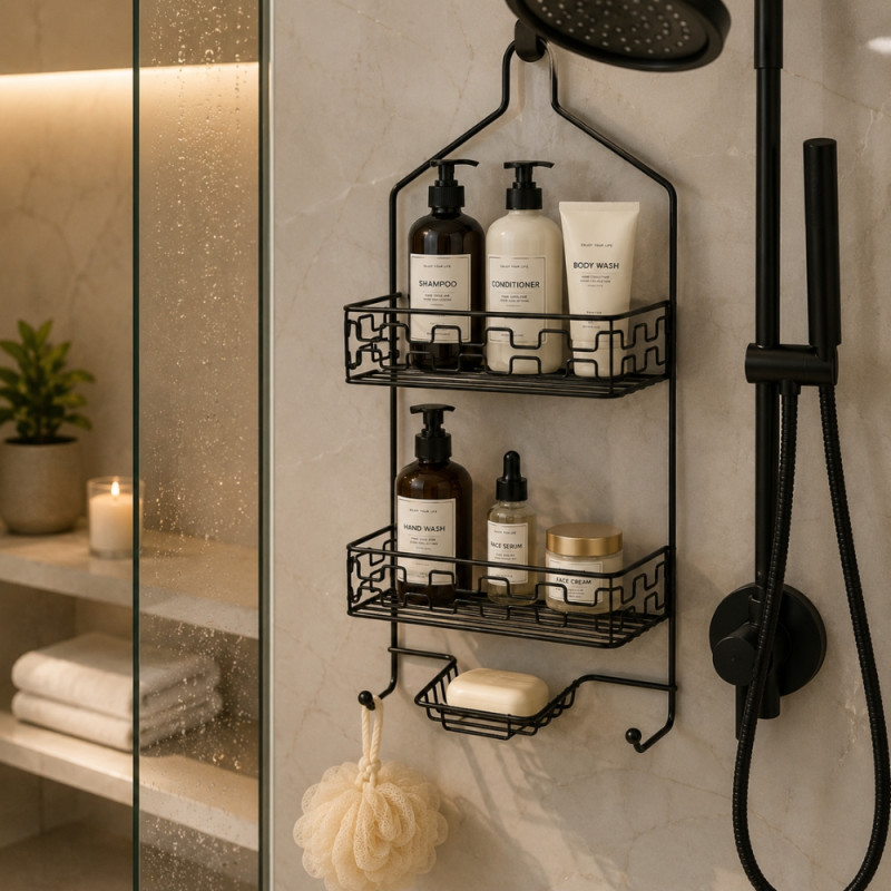 Premium Black Metal Two-Tier Shower Caddy with Integrated Soap Dish & Hooks, 60x27.5x12cm