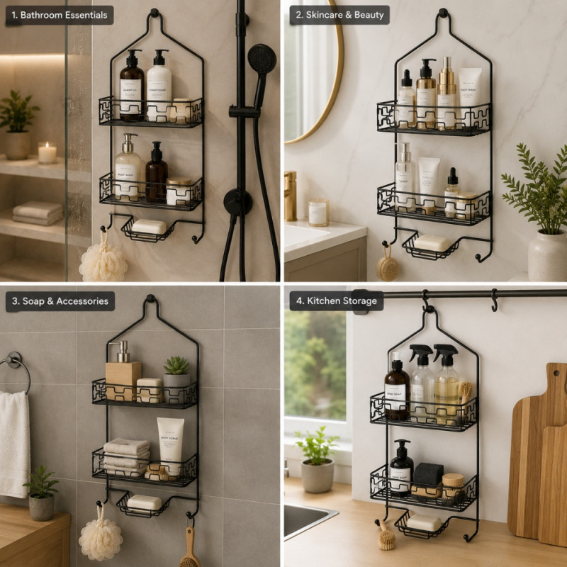 Premium Black Metal Two-Tier Shower Caddy with Integrated Soap Dish & Hooks, 60x27.5x12cm