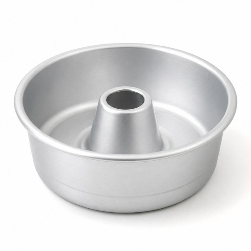 Silver-Colored Aluminum Fluted Tube Pan Designed for Even Heat Distribution – Light Blue