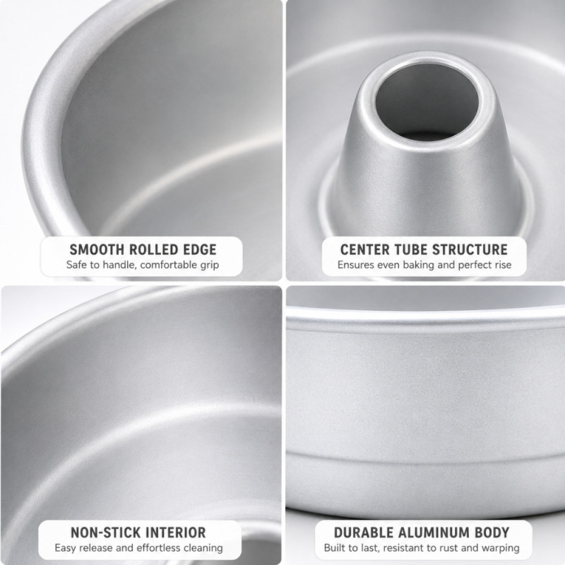 Silver-Colored Aluminum Fluted Tube Pan Designed for Even Heat Distribution – Light Blue