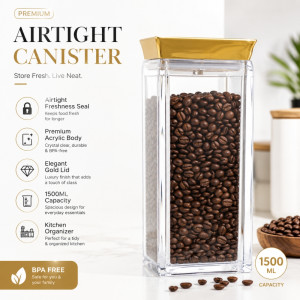 1500ml Acrylic Food Storage Canister with Gold-Colored Lid and Airtight Seal – Transparent (25 x 10.3cm)