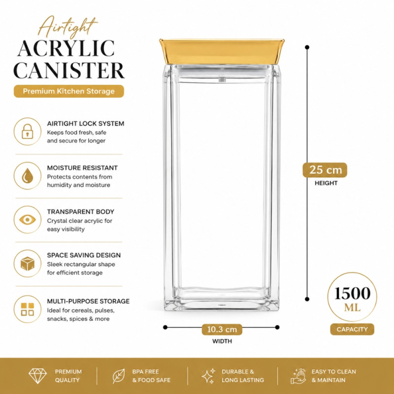 1500ml Acrylic Food Storage Canister with Gold-Colored Lid and Airtight Seal – Transparent (25 x 10.3cm)