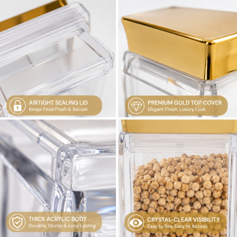 1500ml Acrylic Food Storage Canister with Gold-Colored Lid and Airtight Seal – Transparent (25 x 10.3cm)