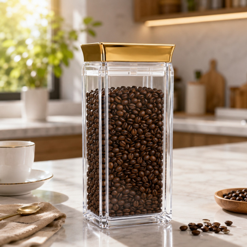 1500ml Acrylic Food Storage Canister with Gold-Colored Lid and Airtight Seal – Transparent (25 x 10.3cm)