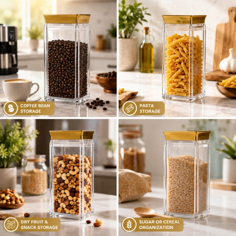 1500ml Acrylic Food Storage Canister with Gold-Colored Lid and Airtight Seal – Transparent (25 x 10.3cm)