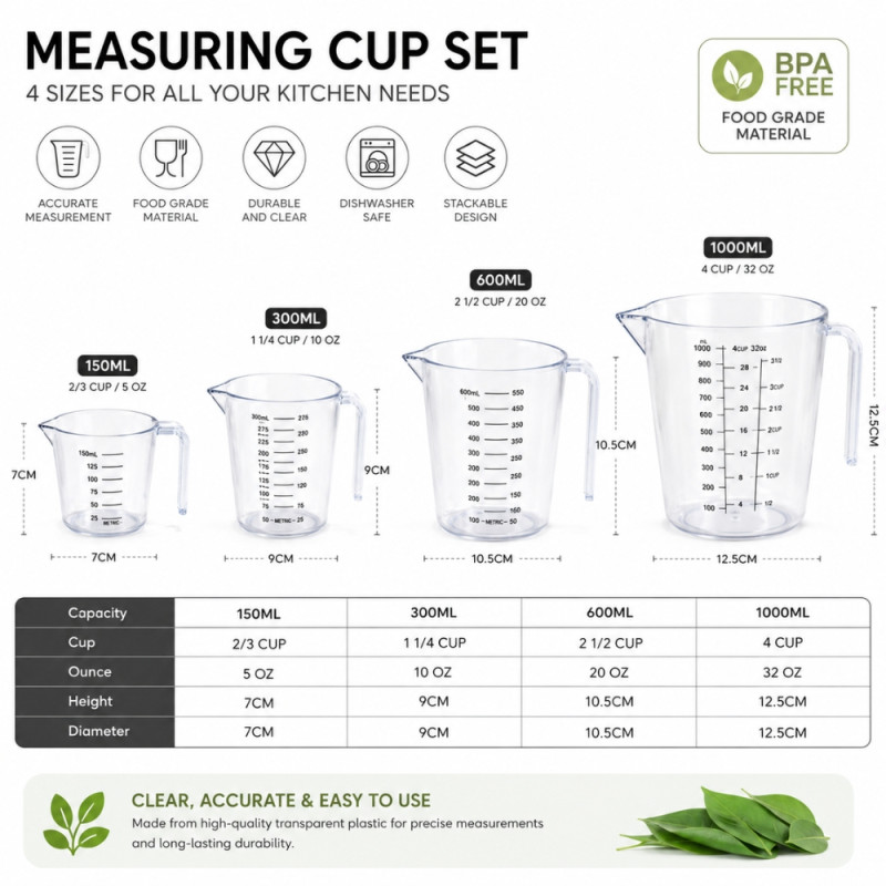 Reliable 1000ml (4 Cup/32oz) Kitchen Measuring Cup for Precise Liquid Measurements