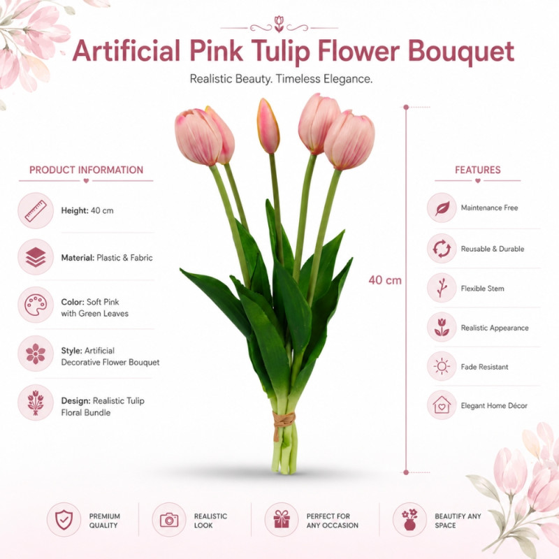 Accessible artificial pink tulip flowers, often designed for durable and maintenance-free home decoration – Green & Light Pink (40cm)