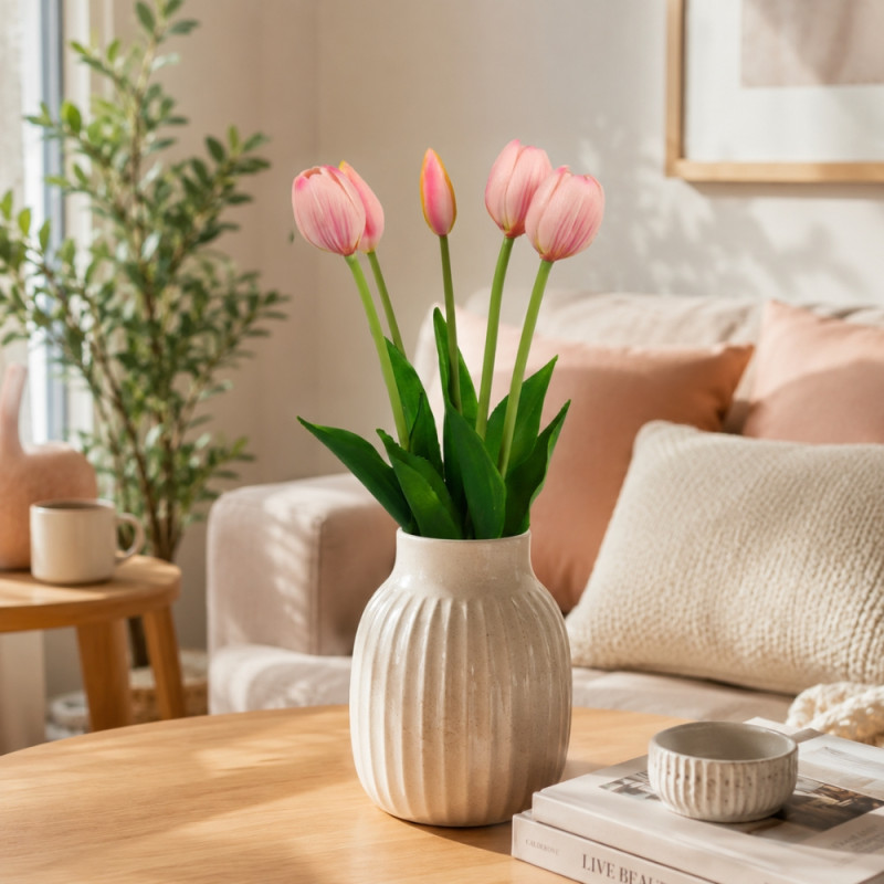 Accessible artificial pink tulip flowers, often designed for durable and maintenance-free home decoration – Green & Light Pink (40cm)