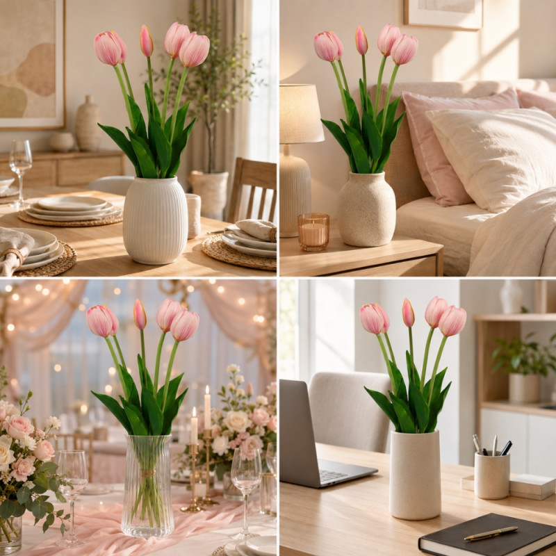 Accessible artificial pink tulip flowers, often designed for durable and maintenance-free home decoration – Green & Light Pink (40cm)