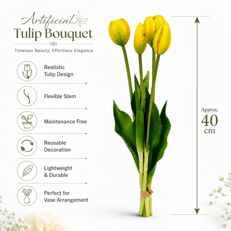 Essential artificial YELLOW tulip flowers, often designed for durable and maintenance-free home decoration – Green & Yellow (40cm)