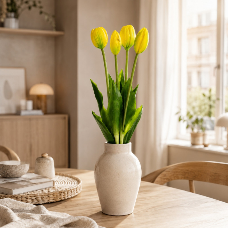 Essential artificial YELLOW tulip flowers, often designed for durable and maintenance-free home decoration – Green & Yellow (40cm)