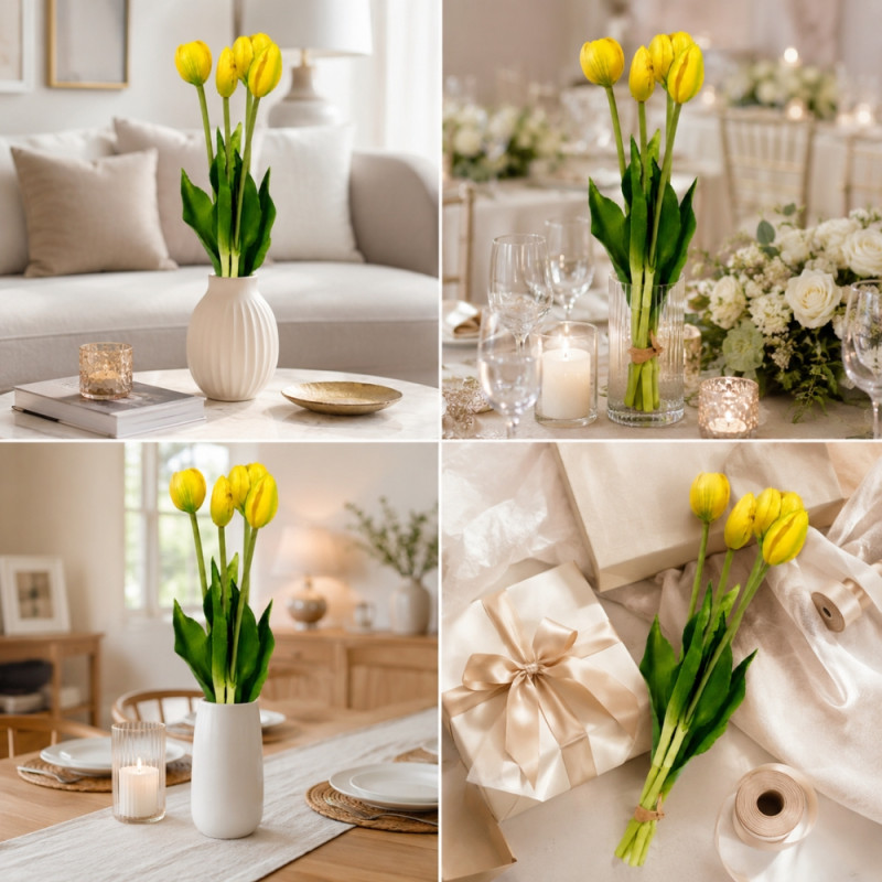 Essential artificial YELLOW tulip flowers, often designed for durable and maintenance-free home decoration – Green & Yellow (40cm)