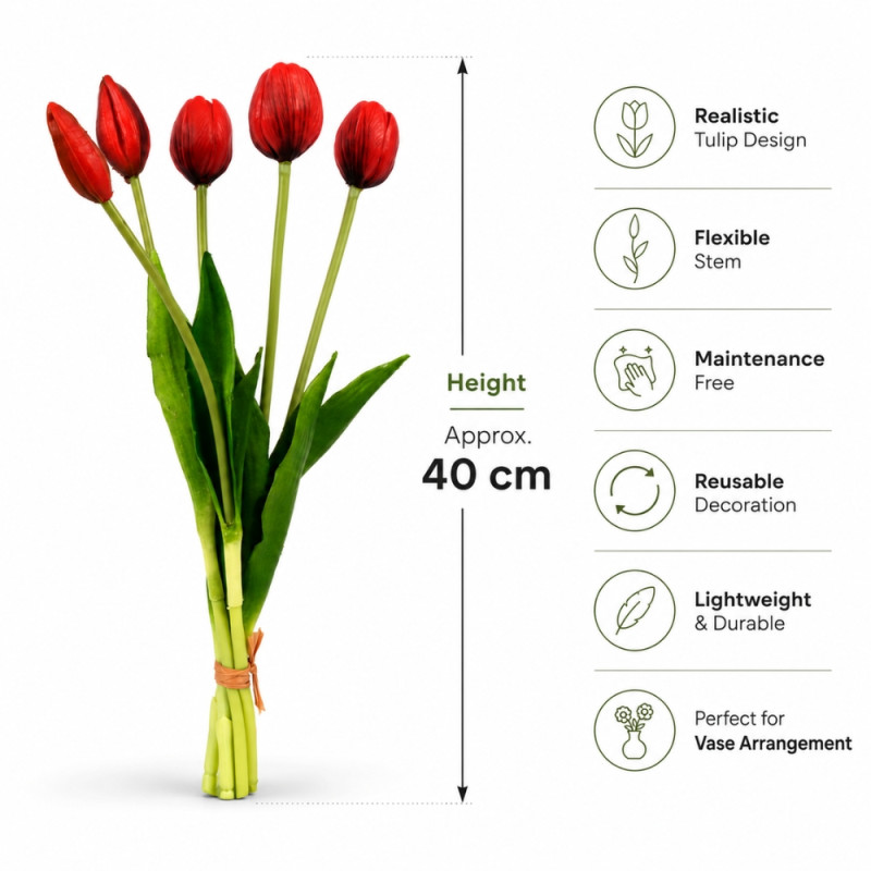 Inclusive artificial red tulip flowers, often designed for durable and maintenance-free home decoration – Red & Green (40cm)