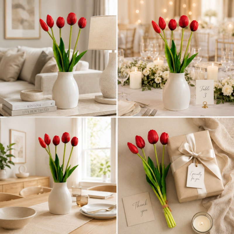 Inclusive artificial red tulip flowers, often designed for durable and maintenance-free home decoration – Red & Green (40cm)