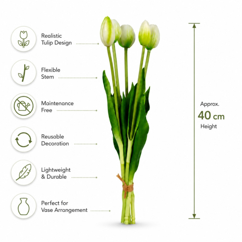 High-Performance artificial tulips flower that feature a realistic, maintenance-free design – white&Green (40cm)