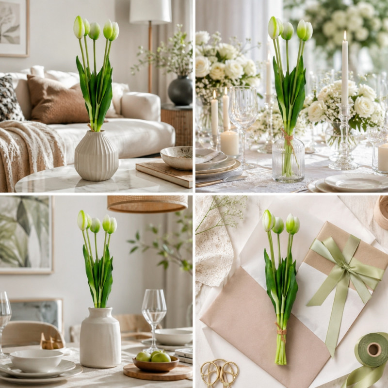 High-Performance artificial tulips flower that feature a realistic, maintenance-free design – white&Green (40cm)