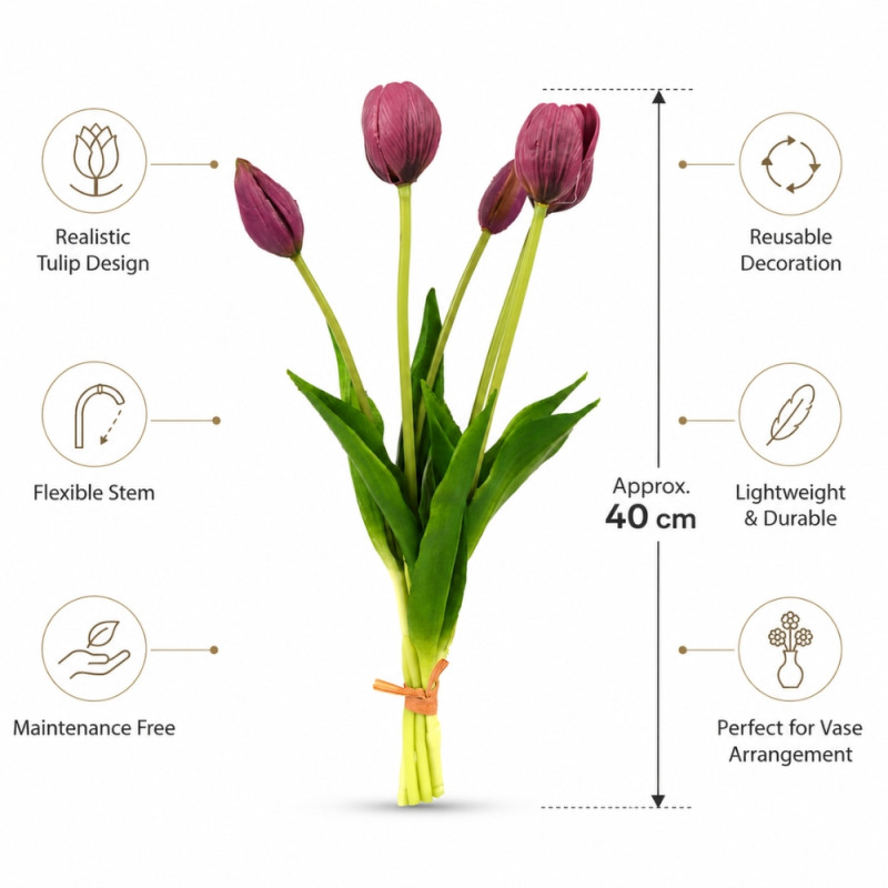 Reliable artificial maroon tulip flowers, often designed for durable and maintenance-free home decoration – Maroon & Green (40cm)