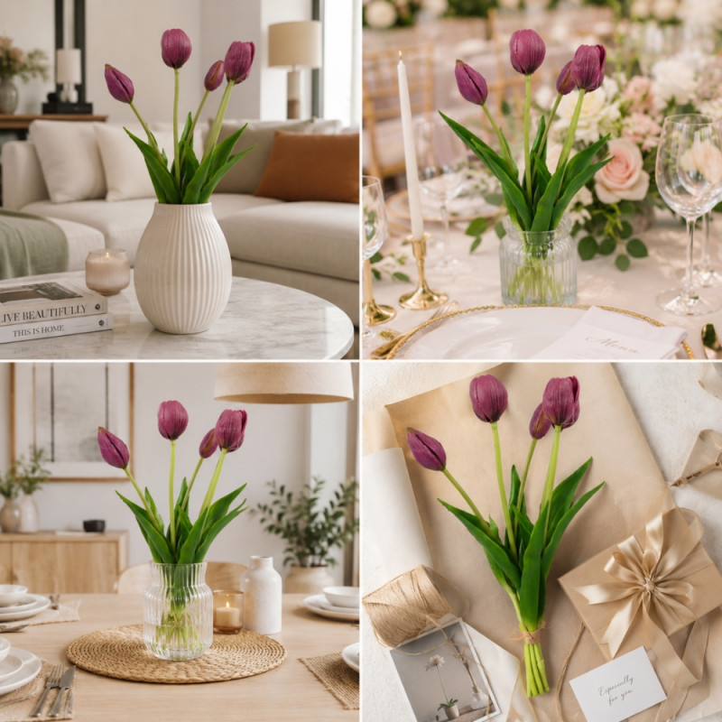 Reliable artificial maroon tulip flowers, often designed for durable and maintenance-free home decoration – Maroon & Green (40cm)