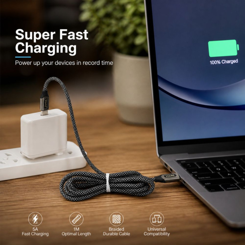 YOURZ 100W 5A USB-C to USB-C Braided Fast Charging Cable – Black (1m)