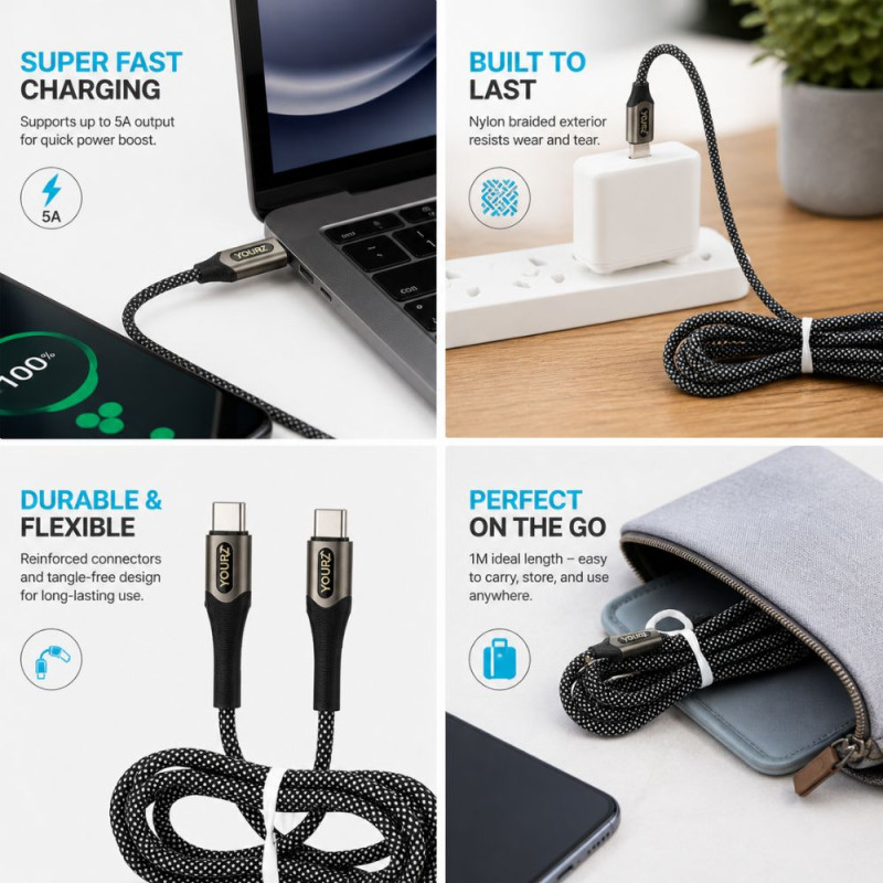 YOURZ 100W 5A USB-C to USB-C Braided Fast Charging Cable – Black (1m)