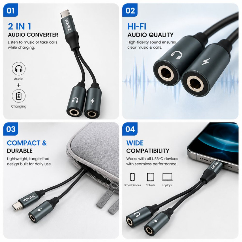 2-in-1 Type-C Splitter Adapter – Black (15.5cm)