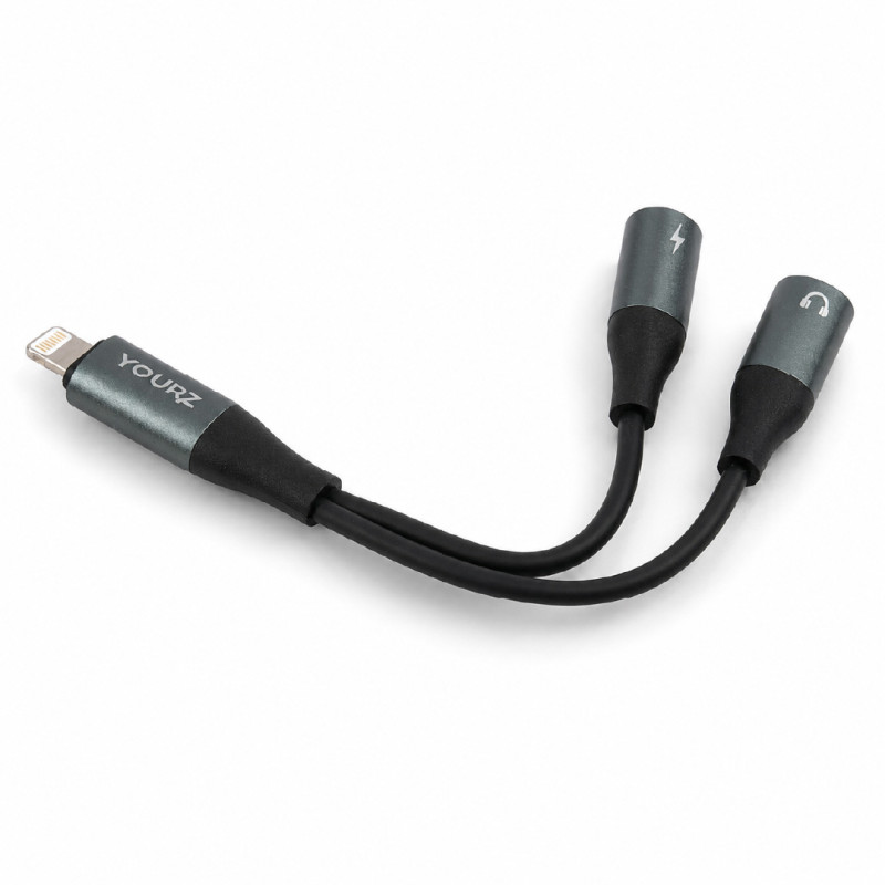 YOURZ Brand 2-in-1 Lightning to 3.5mm Audio and USB-C Charging Adapter – 11 cm – Black & Dark Blue