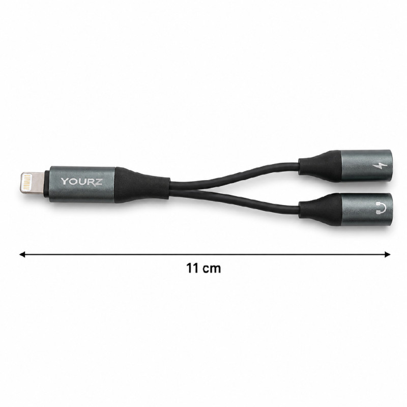 YOURZ Brand 2-in-1 Lightning to 3.5mm Audio and USB-C Charging Adapter – 11 cm – Black & Dark Blue