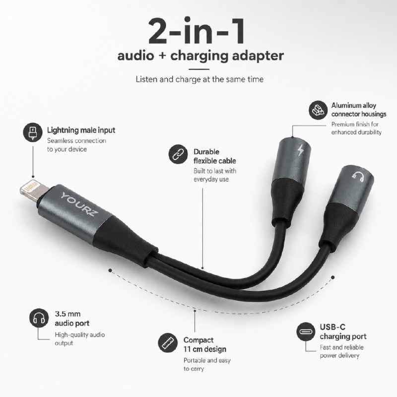 YOURZ Brand 2-in-1 Lightning to 3.5mm Audio and USB-C Charging Adapter – 11 cm – Black & Dark Blue