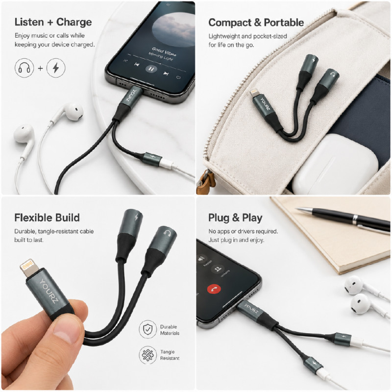 YOURZ Brand 2-in-1 Lightning to 3.5mm Audio and USB-C Charging Adapter – 11 cm – Black & Dark Blue