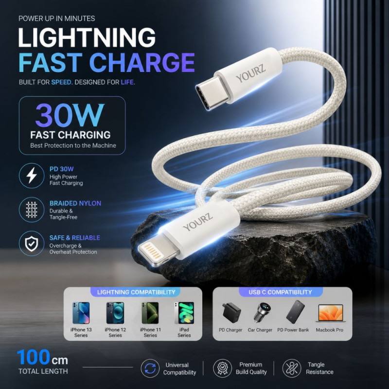 YOURZ Type-C to Lightning Fast Charging Cable – White (100cm)