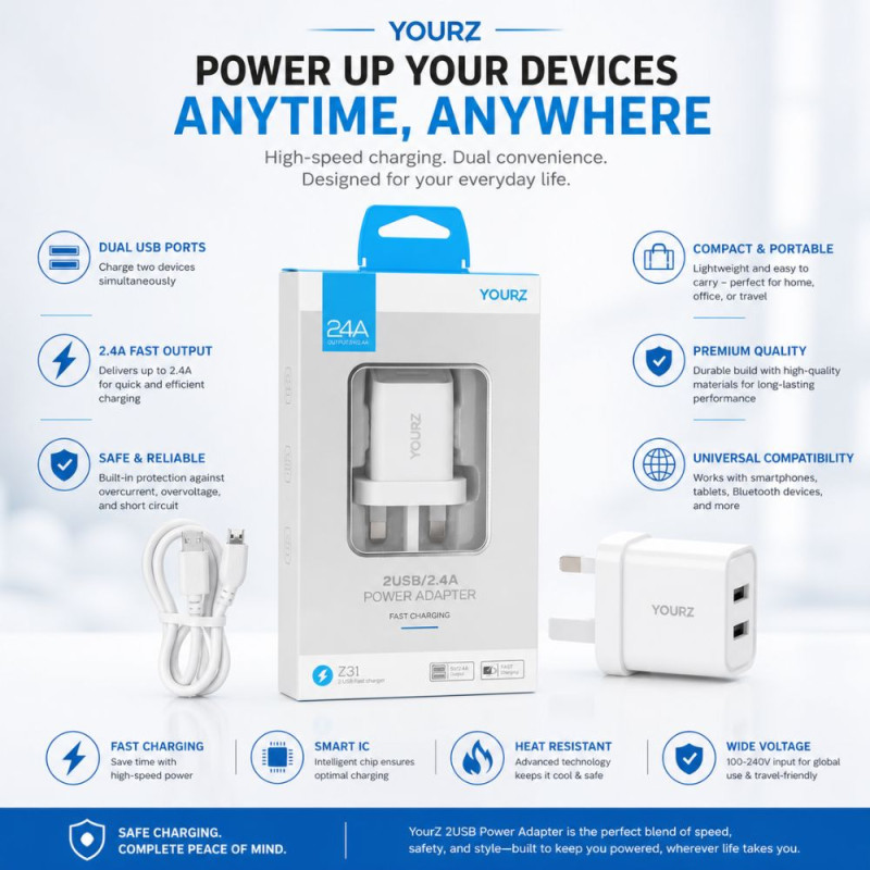 YOURZ Z31 2-Port Fast Wall Charger with Micro-USB Cable – White
