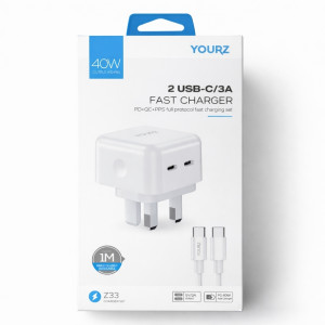 Professional YOURZ Z33 40W Dual USB-C Fast Charger – High-Efficiency Wall Adapter (White) Professional YOURZ Z33 40W Dual USB-C Fast Charger – High-Efficiency Wall Adapter (White)