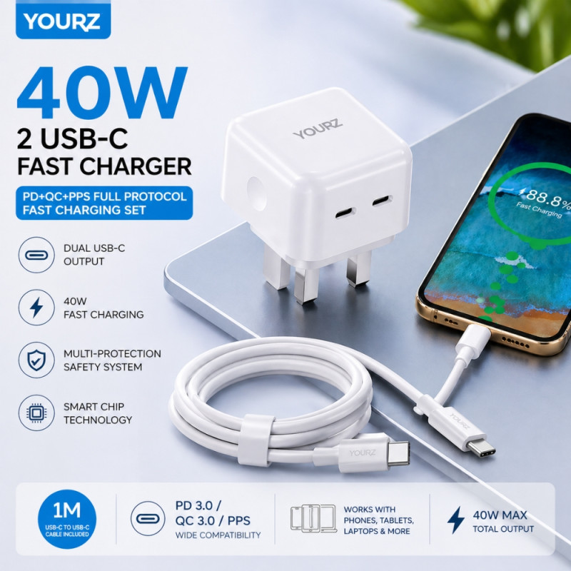 Professional YOURZ Z33 40W Dual USB-C Fast Charger – High-Efficiency Wall Adapter (White)