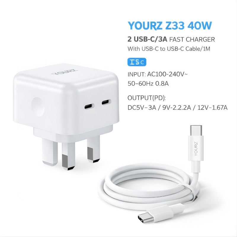 Professional YOURZ Z33 40W Dual USB-C Fast Charger – High-Efficiency Wall Adapter (White)