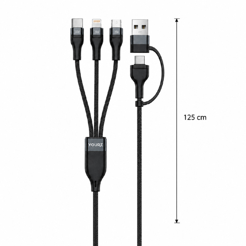 YOURZ 3-in-2 Fast Charging Cable with Multi-Connector Design – 125 CM – Black