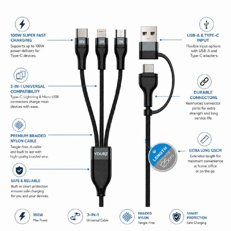 YOURZ 3-in-2 Fast Charging Cable with Multi-Connector Design – 125 CM – Black